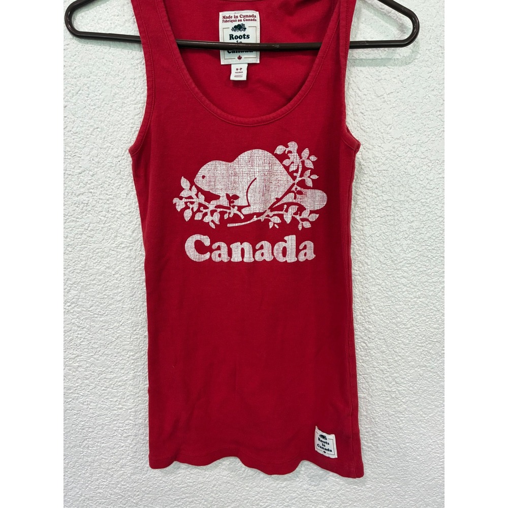 Roots Canada Red Ribbed Tank Top Beaver Logo Graphic Womens Small S P CA05017